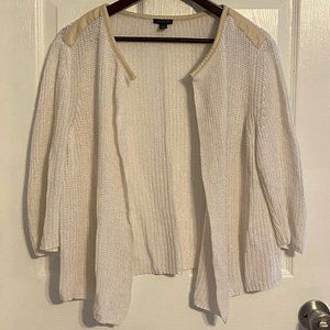 Relaxed fit leather trim open front sweater